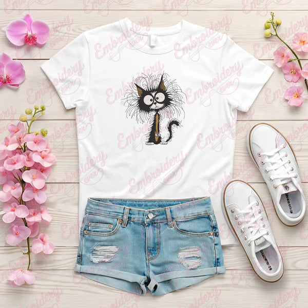 Whimsical Black Cat Embroidery Design