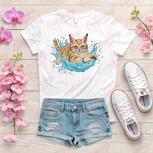 Cute Cat In Water Embroidery Design