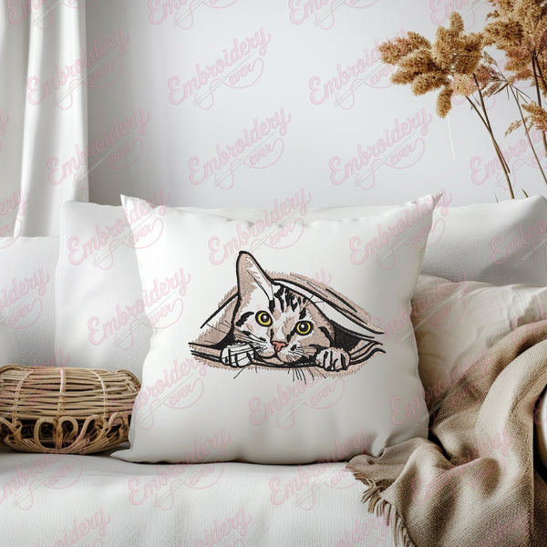 Curious Cat Peeking Embroidery Design