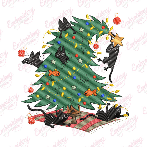Naughty Black Kittens Christmas Tree Embroidery Design