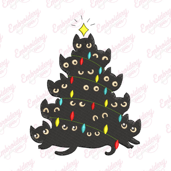 Black Cat Christmas Tree Embroidery Design