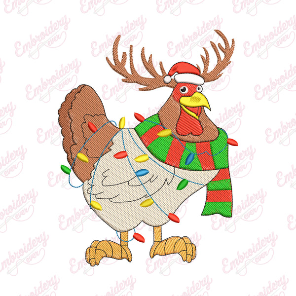 Christmas Chicken With Antlers Embroidery Design