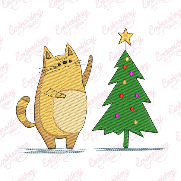 Cat With Christmas Tree Embroidery Design