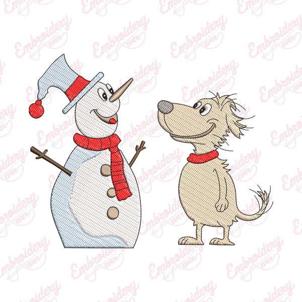 Christmas Snowman And Pup Embroidery Design