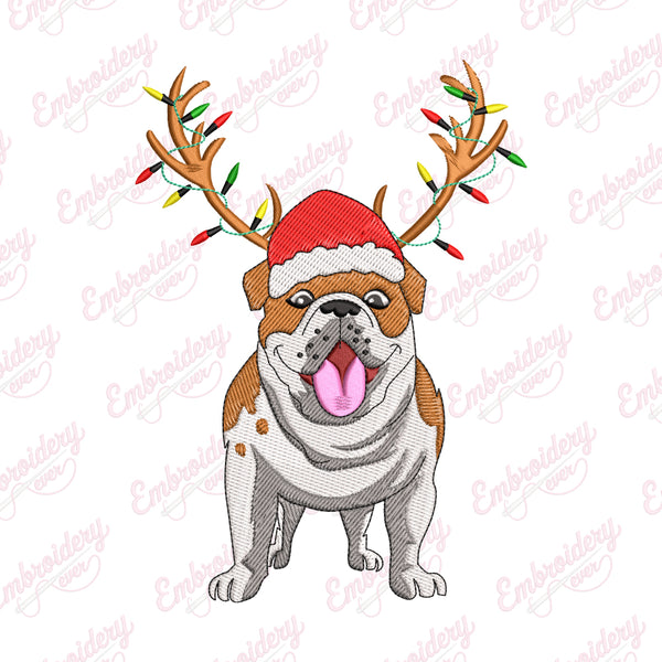 Christmas English Bulldog Reindeer Dog Embroidery Design