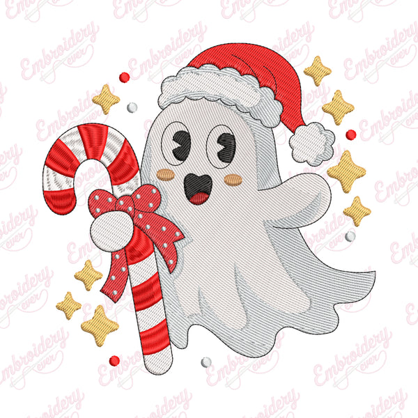 Ghost With Candy Cane And Santa Hat Embroidery Design