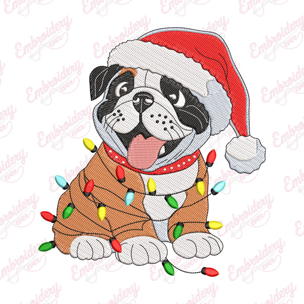 Christmas Bulldog With Light Embroidery Design