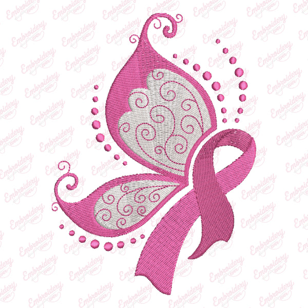Breast Cancer Awareness Ribbon Butterfly Embroidery Design
