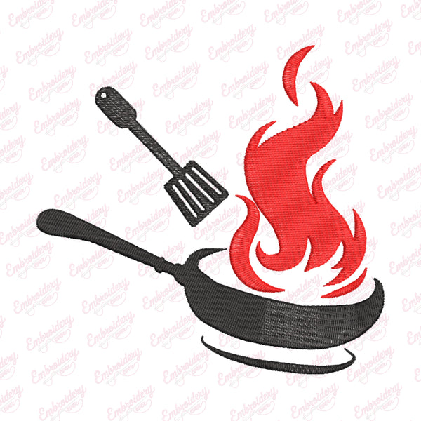 Frying Pan With Fire Cooking Kitchen Embroidery Design
