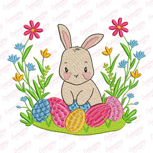 Bunny with Eggs Easter Embroidery Design