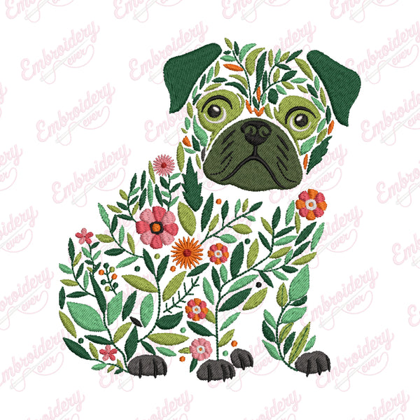 Colorful Botanical Pug Dog Embroidery Design