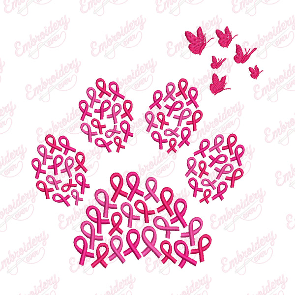 Pink Ribbon Dog Paw Print Breast Cancer Embroidery Design