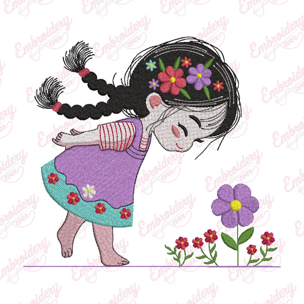 Cute Girl with Flowers Embroidery Design