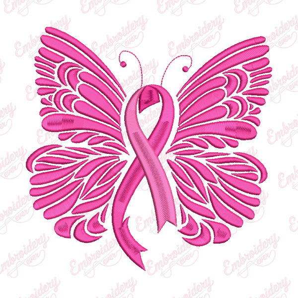 Ribbon With Butterfly Wings Breast Cancer Embroidery Design