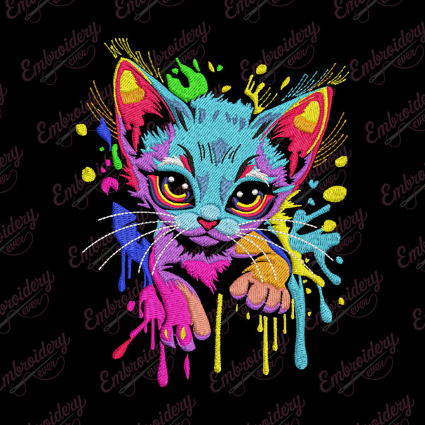 Colorful Cat With Splashes Embroidery Design