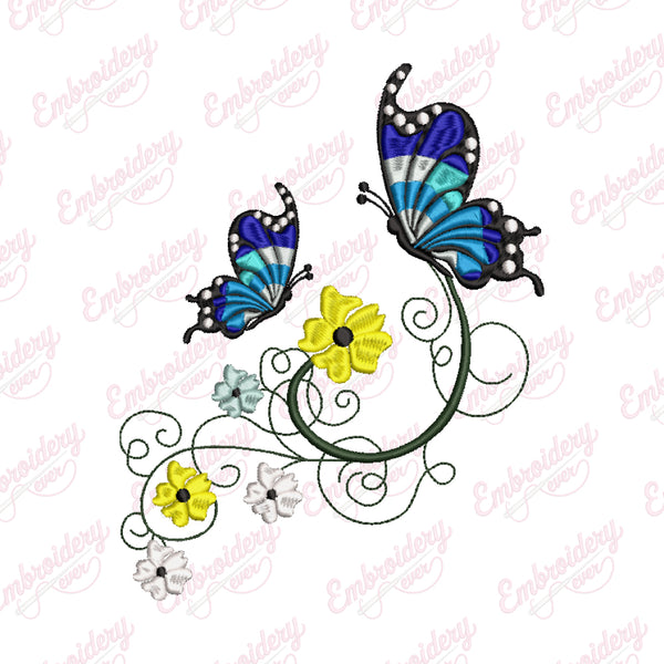 Butterfly With Flowers Embroidery Design