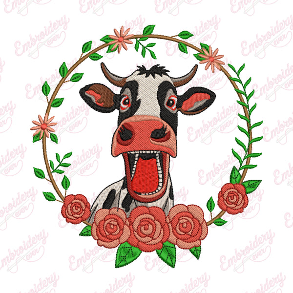 Flower and Cow Embroidery Design