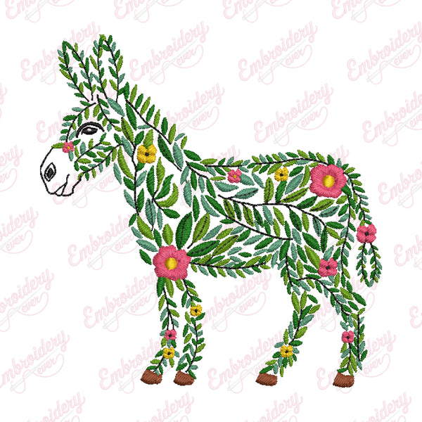 Tropical Leaves And Flowers Donkey Embroidery Design
