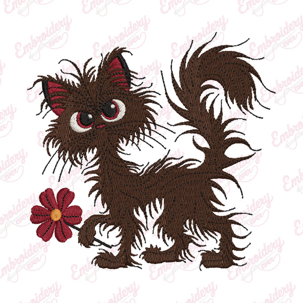 Fluffy Brown Cat With Flower Embroidery Design