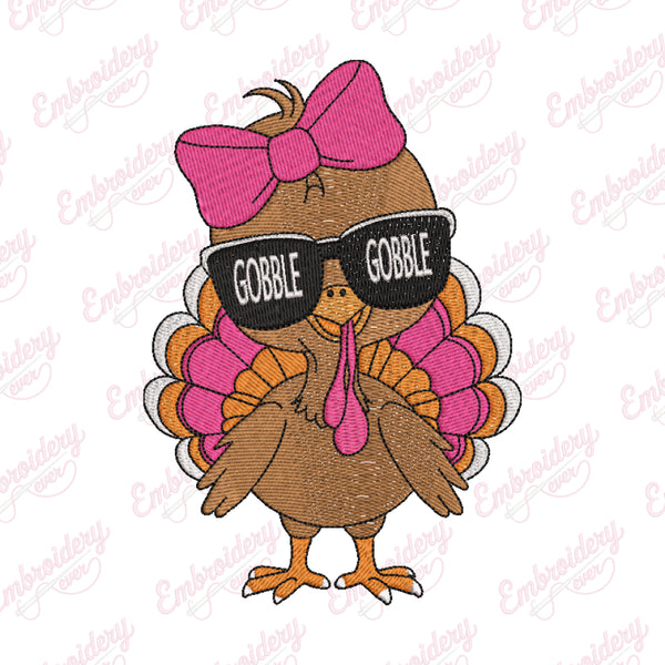 Thanksgiving Gobble Girl Bow Turkey Embroidery Design
