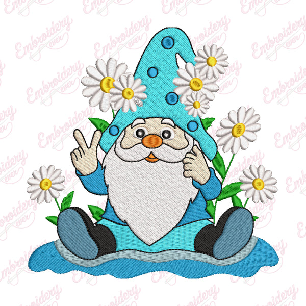 Gnome With Daisies Embroidery Design
