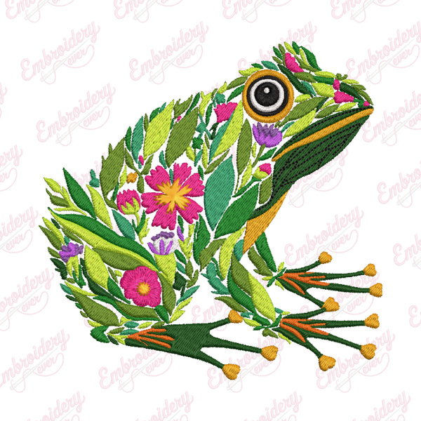 Tropical Leaves And Flowers Frog Embroidery Design