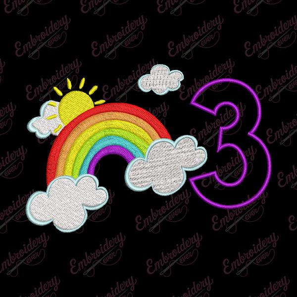 Rainbow Birthday Number 3 Embroidery Design