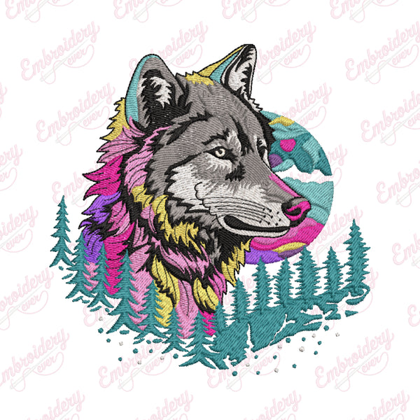 Colorful Wolf Face Embroidery Design
