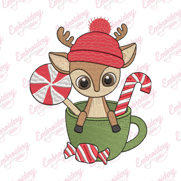 Cute Christmas Reindeer In A Cup Embroidery Design