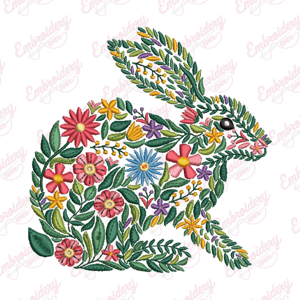 Tropical Leaves And Flowers Rabbit Embroidery Design