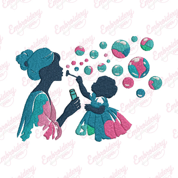 Mother Daughter Blowing Bubbles Embroidery Design