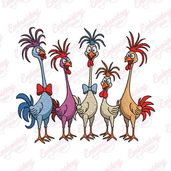 Colorful Crazy Chickens Embroidery Design