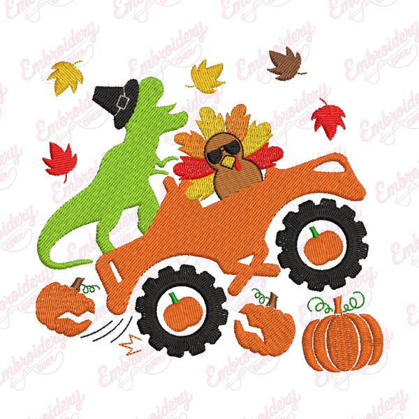 Dino & Turkey's Fall Ride Monster Truck Thanksgiving Embroidery Design