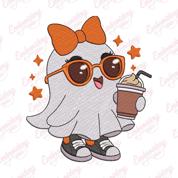 Halloween Little Ghost Holding Drink Embroidery Design