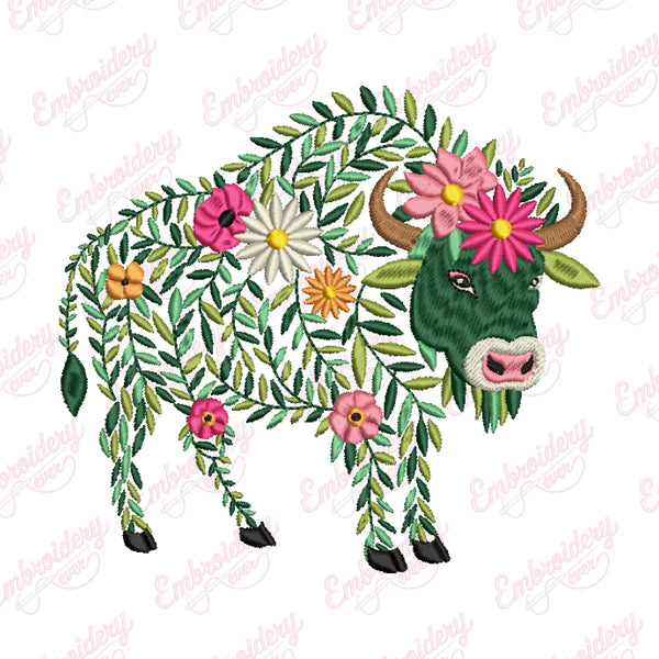 Beautiful Floral Buffalo Embroidery Design