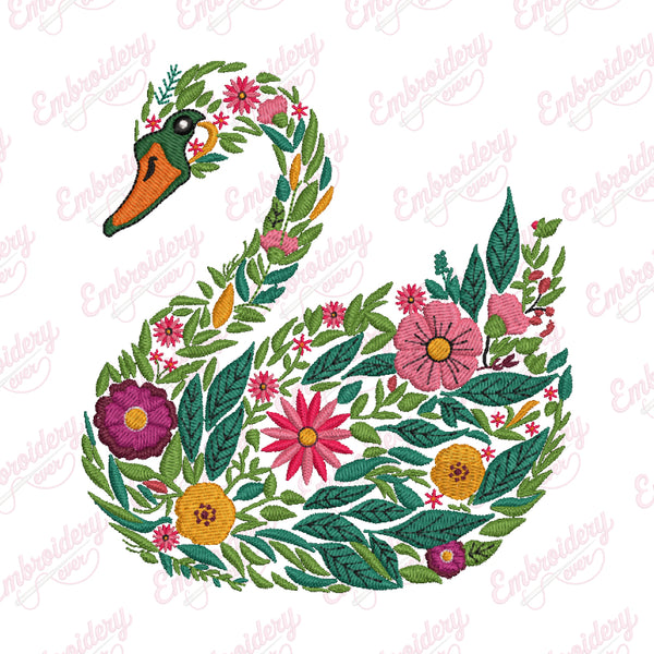 Beautiful Floral Swan Embroidery Design