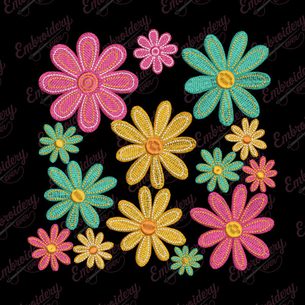 Colorful Doodle Flowers Embroidery Design