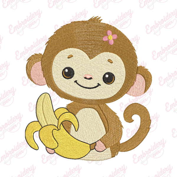 Monkey With Banana Embroidery Design