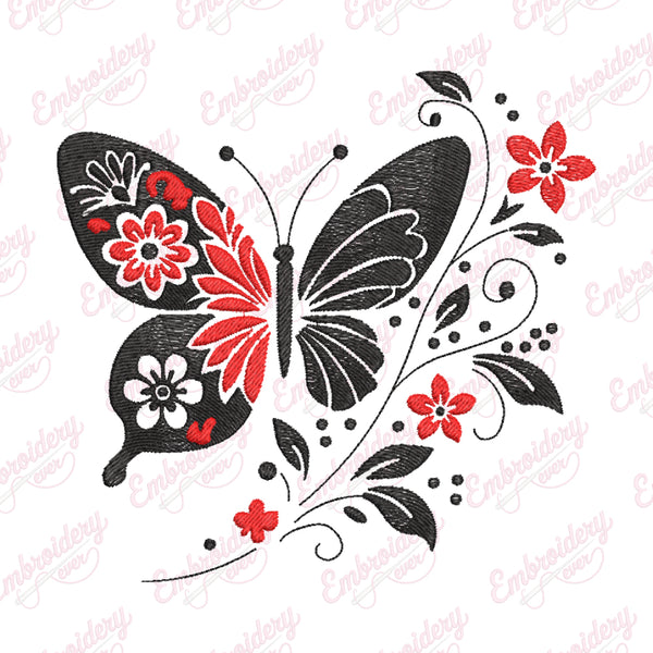 Butterfly With Floral Elements Embroidery Design