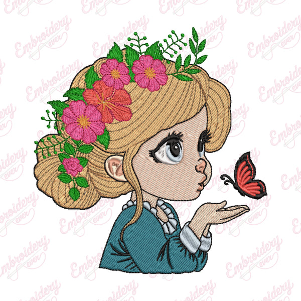 Cute Girl With Butterfly Embroidery Design