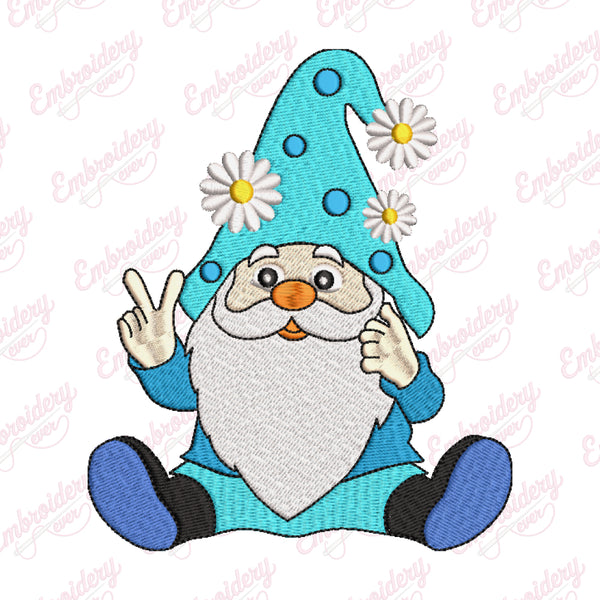 Funny Gnome with Daisy Flower Embroidery Design
