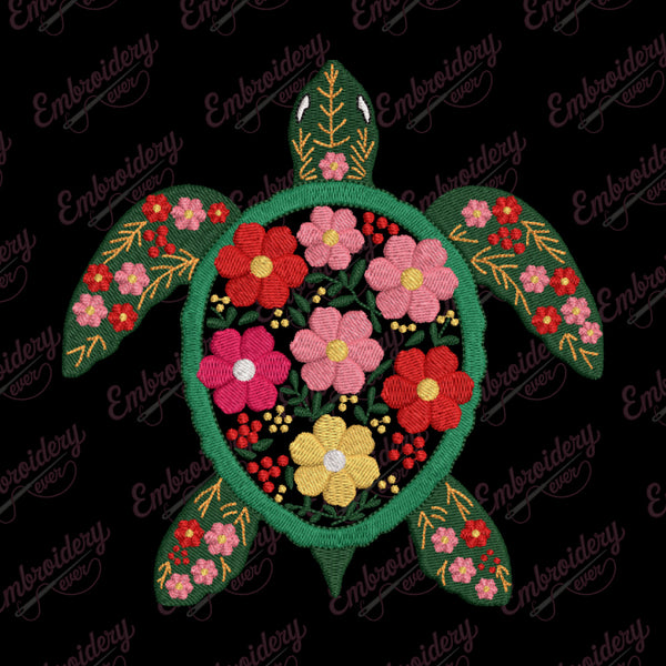 Colorful Botanical See Turtle Embroidery Design