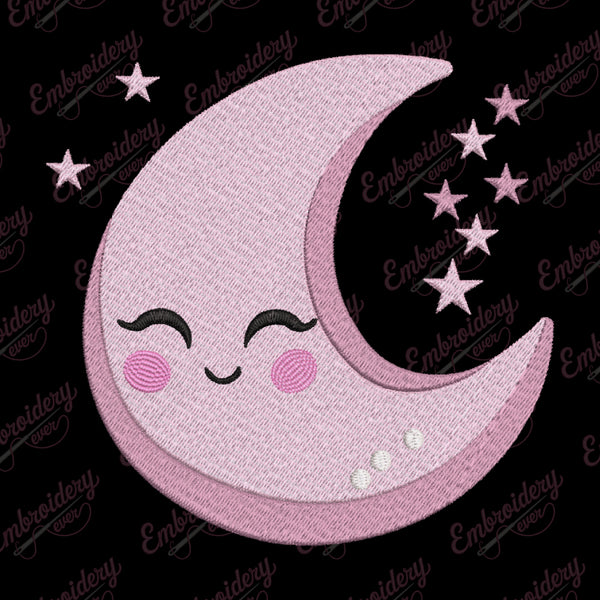 Cute Moon With Stars Embroidery Design