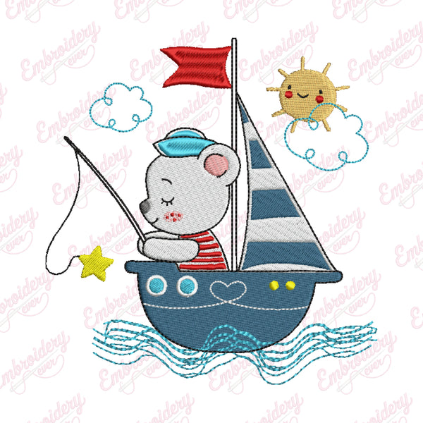 Sailor Bear Fishing Embroidery Design