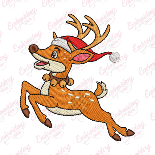 Christmas Reindeer In Santa Hat Embroidery Design