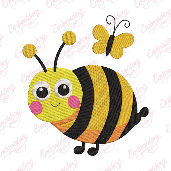 Cute Bee With Butterfly Machine Embroidery Design
