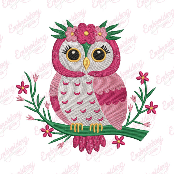 Pink Blossom Owl Embroidery Design