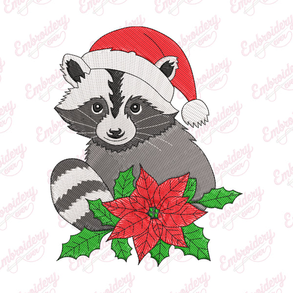 Christmas Raccoon In Santa Hat Embroidery Design