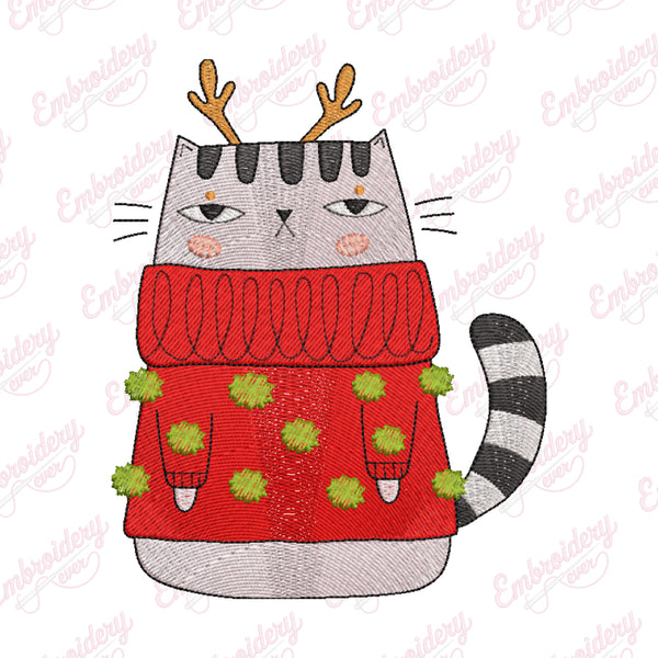 Christmas Sweater Cat With Antlers Embroidery Design