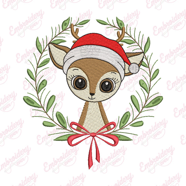 Sweet Deer with Santa Hat Christmas Embroidery Design